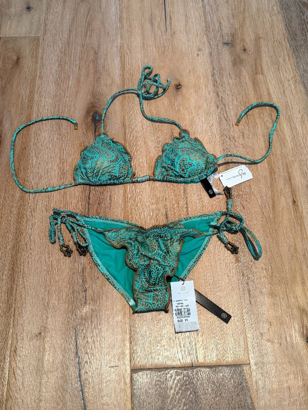 Vix Paula Hermanny Designer String Bikini Set Indian Ripple Green & Bronze NWT